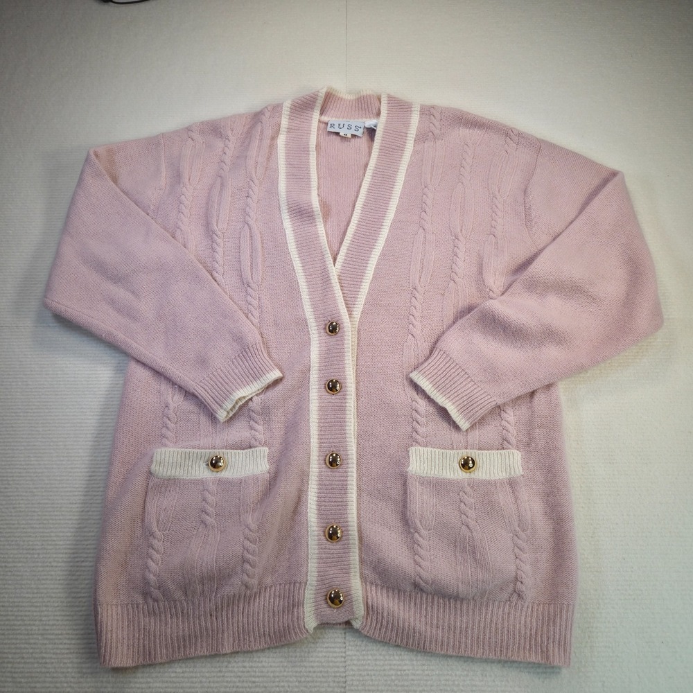 Vintage 80's RUSS Pink Cardigan Classic Cable Knit with White trim Sz Medium